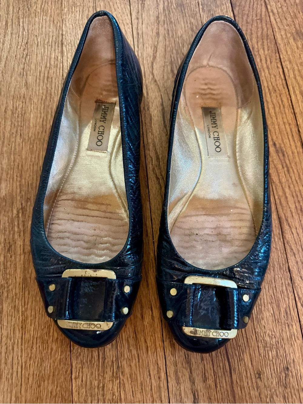 Jimmy Choo Dark Blue Leather Ballet Flats with Gold Buckle